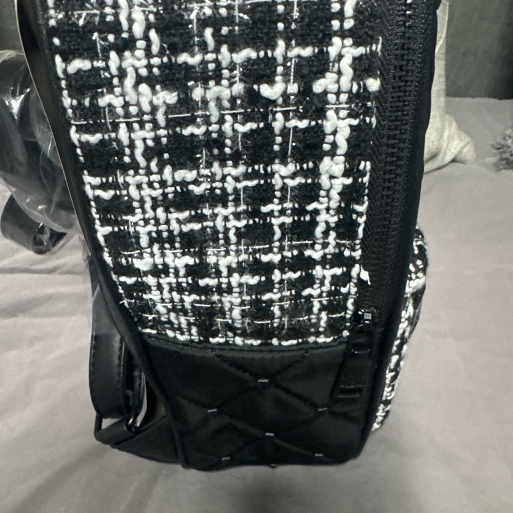 Badgley Mischka Black Quilted Backpack with Tweed Front Pocket - Picture 2 of 7